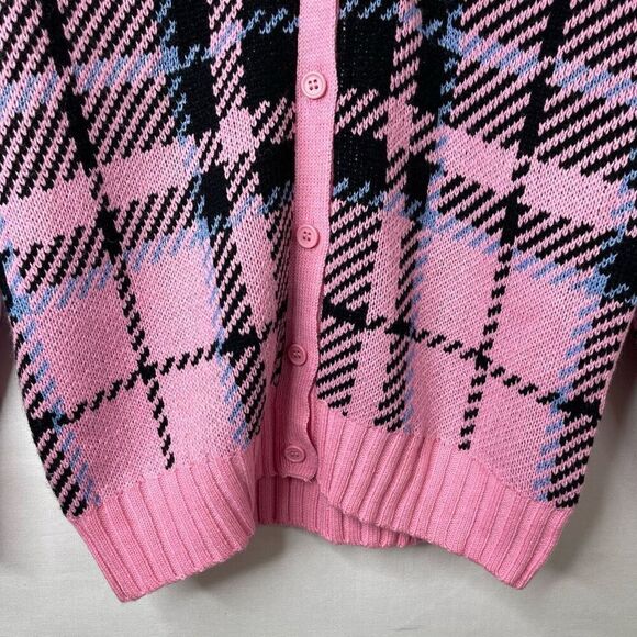 NWT Forever 21 Pink Plaid Academia Letterman Cardigan Sweater - Small - Picture 6 of 8